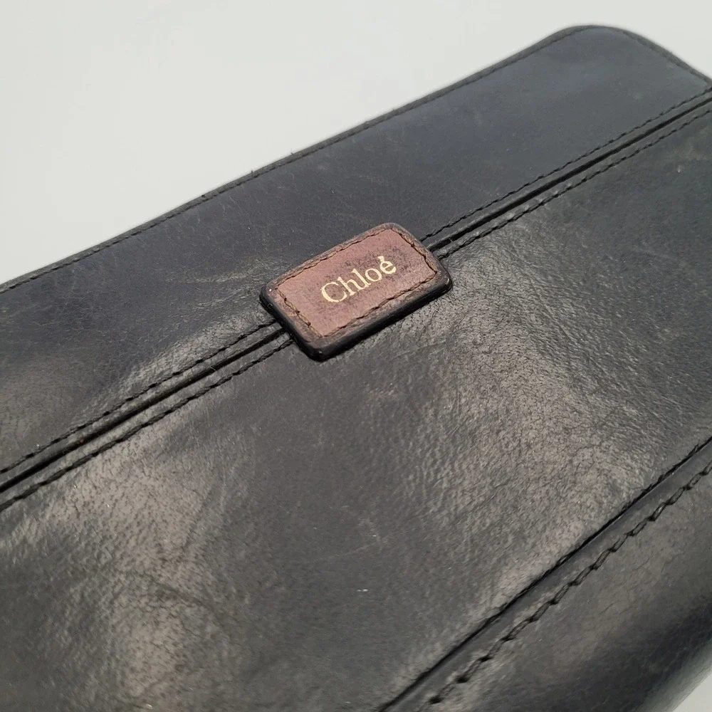 Chloe Black Leather Zip Around Long Wallet Gold Hardware Logo Plaque Large Quali
